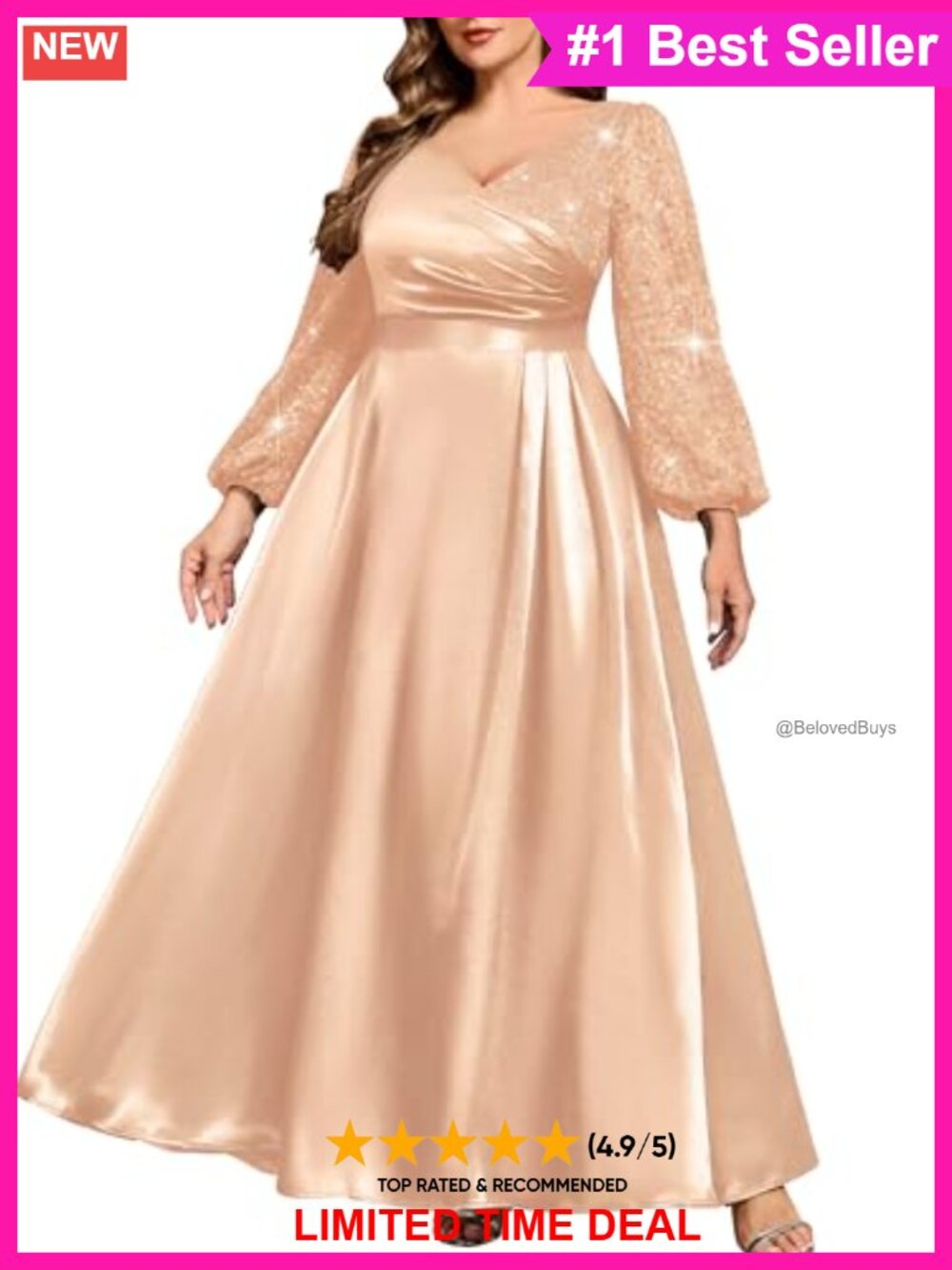 Plus Size Sequin Lace Long Sleeve Formal Evening Gown Maxi Dress